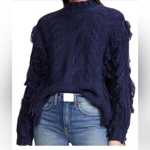 525 America navy mock neck sweater with fringe.  Size S.